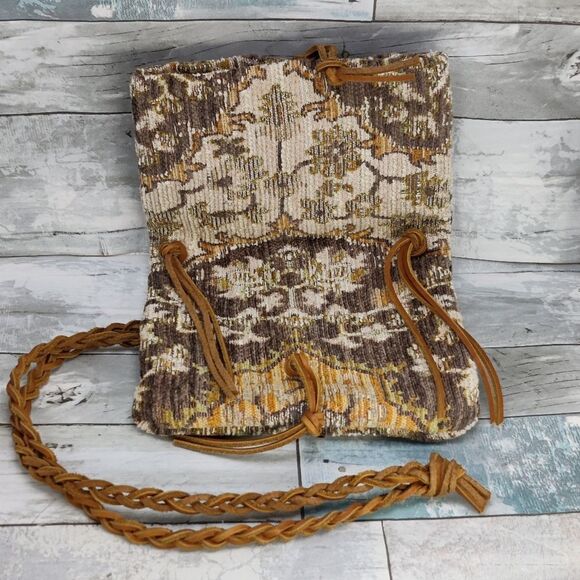 Small boho Crossbody Vintage Fold Over Bag Damask Fabric Braided Leather Strap - Picture 7 of 15